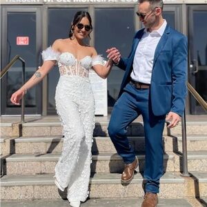 Lulus midnight sparkle white mesh embroidered feather bustier jumpsuit